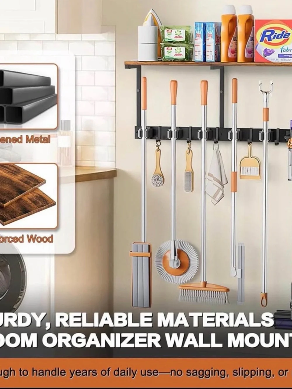 Wall-Mounted Mop and Broom Organizer with Shelf - Wood/Black. New in Box!